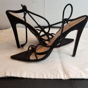 Ankle strap open toe black suede heels